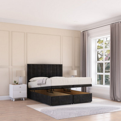 Sloomy Kansas End Lift Ottoman Bed 3Ft With Sprung Memory MattressBlack Plush & Headboard- Single from B&Q