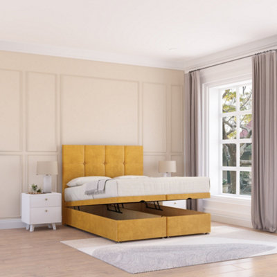 Sloomy Jasmine End Lift Ottoman Bed 6Ft With Sprung Memory MattressMustard Plush & Headboard- Super King from B&Q