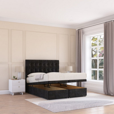Sloomy Alabama End Lift Ottoman Bed 4Ft With Sprung Memory MattressBlack Plush & Headboard- Small Double from B&Q