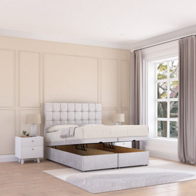 Sloomy Alabama End Lift Ottoman Bed 6Ft With Sprung Memory MattressSilver Plush & Headboard- Super King from B&Q