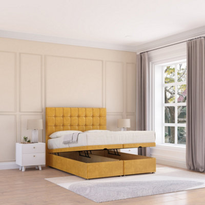 Sloomy Alabama End Lift Ottoman Bed 6Ft With Sprung Memory MattressMustard Plush & Headboard- Super King from B&Q