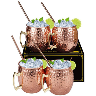  - Hossejoy Set Of 4 Copper Mugs With Straw Handmade Pure Cocktail Drinking Mug Kitchen Cup For Dining & EntertainingGreat Gift