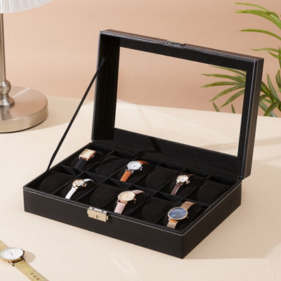B&Q -  12 Slots Black Synthetic Leather Watch Display Box With Glass Lid