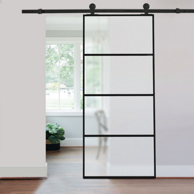 Living And Home 4 Lite Panel Modern Black Glass And Aluminum Sliding Barn Door Internal Door With 6Ft Hardware Kit