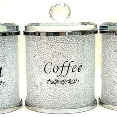 Biznest Diamond Crushed & Crystal Filled Set Of 3 Kitchen Storage Canisters Tea Coffee Sugar Jars (White) from B&Q