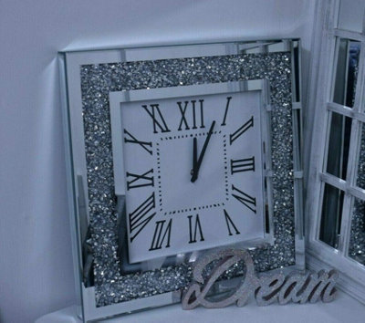 Biznest Square Crushed Jewel Mirror Wall Clock Black Hands Roman Diamante from B&Q