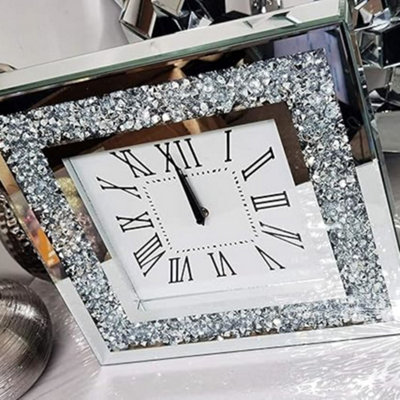 Biznest 35X35Cm Wall Clock Square Crushed Diamante Diamond Crystal Mirror Crushed Jewel Roman Numbers from B&Q