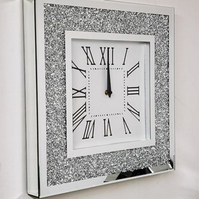 Biznest 40X40Cm Large Wall Clock Square Crushed Diamante Diamond Crystal Mirror Crushed from B&Q