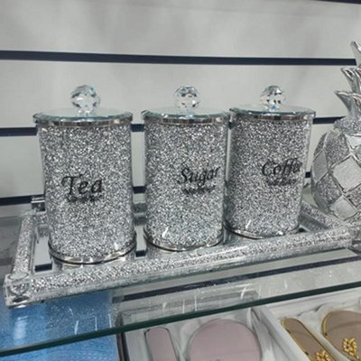 Biznest Set Of Diamond Crushed Tea Coffee Sugar Jars & Mirrored Crystal Candle Plate 39X18CmBest Gift from B&Q