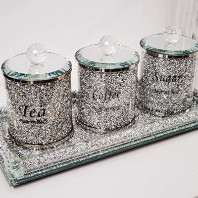 Biznest Set Of Diamond Crushed Tea Coffee Sugar Jars & Full Crushed Diamond Rectangle Tray Candle Holder 39X18Cm from B&Q
