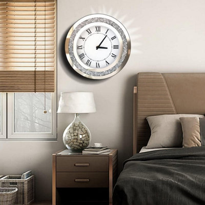 Biznest Large Round Crushed Mirror Jewel Wall Clock Black Needles Roman Number Diamante Glass 50X50Cm Silver Eye Catching Décor from B&Q