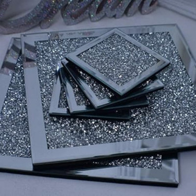B&Q -  Set Of 4 Coasters & 2 Placemat Crushed Crystal Sparkle Diamond Glitter Mirrored Silver Home Décor Lovely Display