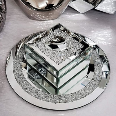 Biznest 30Cm Round Diamante Mirrored Crystal Candle Plate Candle Holder Loose Jewel Candle Holder- Best Gift from B&Q