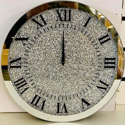 Biznest With Glass Top Round Crushed Jewel Crystal Wall Clock Roman Number Glass Diamante Mirror Round Clock (35X35Cm) from B&Q