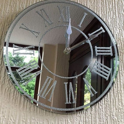 Biznest Round Silver Sparkle Glitter Mirrored Wall Clock Roman Number Glass Wall Clock New from B&Q
