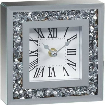 Biznest Loose Diamante Desk Clock Elegant Diamond Crystal Mirror Crushed Jewel Roman Table Clock Nearly Silent-15X15Cm Silver from B&Q