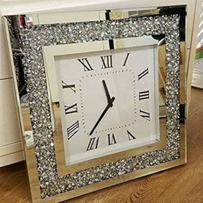 Biznest Crushed Diamante Modern Crystal Mirror Glass Square Wall Clock 45Cm Silver from B&Q