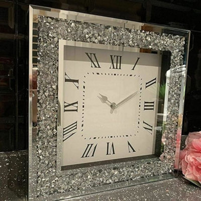 Biznest Extra Large Loose Diamante Wall Clock Elegant Luxury Diamond Crystal Mirror Crushed Jewel Roman Wall Clock-50X50Cm Silver from B&Q