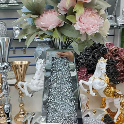 Biznest Large 40Cm Sparkle Diamond Crushed Crystal Sparkly Silver Mirrored Floor Vase Cuffin Shape from B&Q