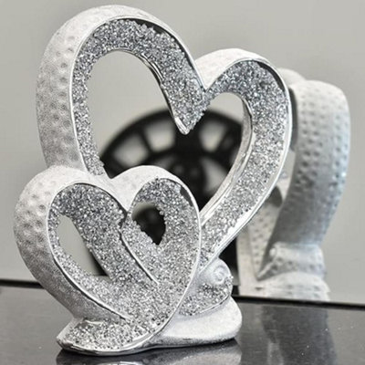 Biznest Silver Double Heart Sparkle Ornament Bling Crushed Diamond Double Heart Crushed Diamond Display Wedding from B&Q
