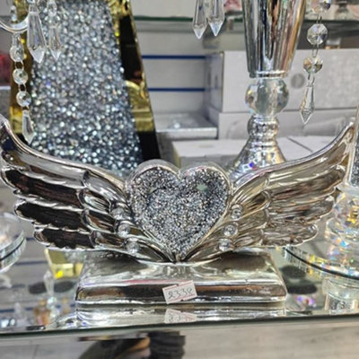Biznest Silver Heart Wings Sparkle Ornament Crushed Diamond Gift Present For All Occasion Home Décor