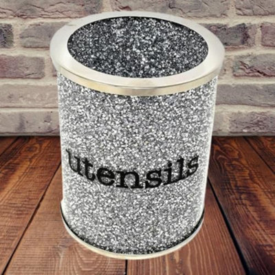 Biznest Crushed Diamond Silver Utensil Holder Crystal Utensils Pot Jar Kitchen Storage Bin from B&Q