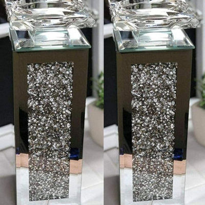 Biznest Set Of 2 Tall Pillar Diamante Mirrored Crystal Candle Holder Tea Light Holder Home- Best Gift 25Cm from B&Q