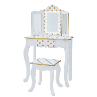 Teamson Kids Dressing TablePlay Vanity Set With Led Mirror Light & StoolWhite/gold/polka Dots from B&Q