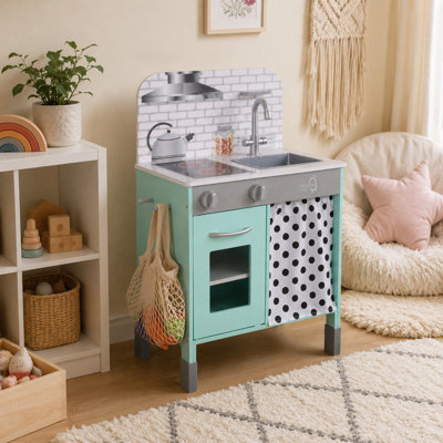 Teamson Kids Adjustable Wooden Play Kitchen with 2 Height Settings, Clicking Knobs, Tap, Cabinet, Shelf, Side Pegs, Little Chef Philly - Image 3