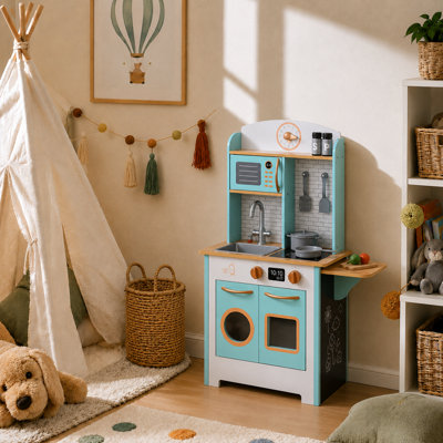 Teamson Kids Unisex Blue Play Kitchen, Retro Aqua Wood, Little Chef Santos In Small - Image 4
