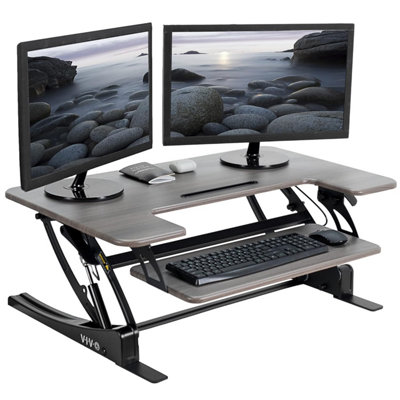 Vivo 91 Cm Height Adjustable Stand Up Desk ConverterV SeriesQuick Sit To Tabletop Dual Monitor Riser WorkstationGray Top from B&Q