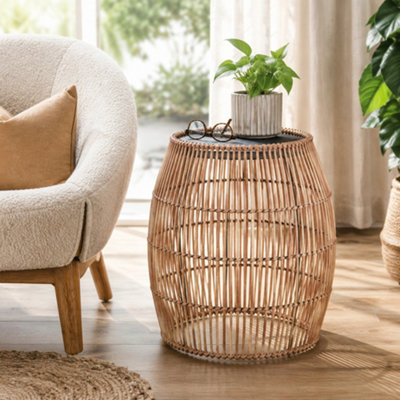 Outdoor Bamboo Drum Side Table with Iron Top, Weather-Resistant Boho Accent Table for Patio & Garden - Image 3