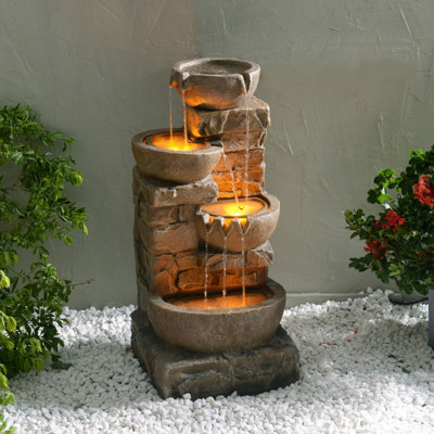 Teamson Home Garden Outdoor Water Feature4 Tier Cascading Bowl DesignWith Led LightsBrown from B&Q