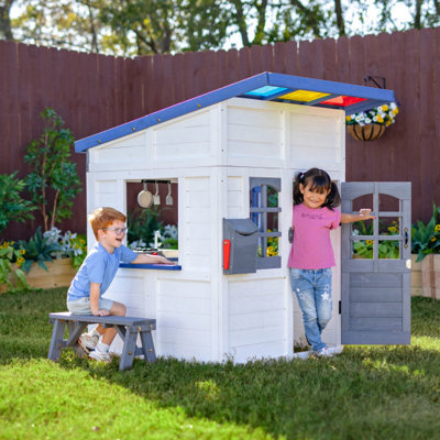 Teamson Kids Wooden Playhouse Wendy House With Rainbow ShadeKitchenFlower Box & BenchWhite from B&Q