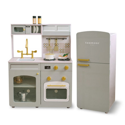 Teamson Kids Wooden Play Kitchen With Modular Fridge, Sink & 14 Accessories - Green, Green - Image 4