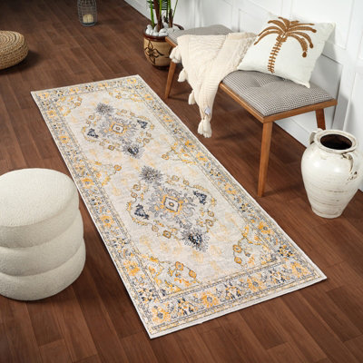 Livabliss Floransa-Vintage Beige Grey Blue Yellow Traditional Boho Living Dining Bedroom Rug 80 X 220 Cm Easy CareNon Shedding from B&Q