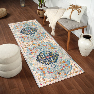 Livabliss Floransa-Vintage Blue Beige Yellow Pink Traditional Boho Living Dining Bedroom Rug 80 X 220 Cm Easy CareNon Shedding from B&Q