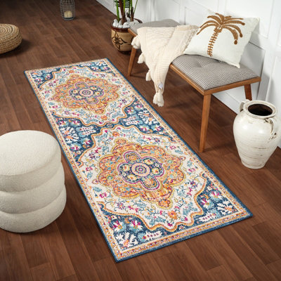 Livabliss Floransa-Vintage Yellow Blue Beige Orange Traditional Boho Living Dining Bedroom Rug 80 X 220 Cm Easy CareNon Shedding from B&Q