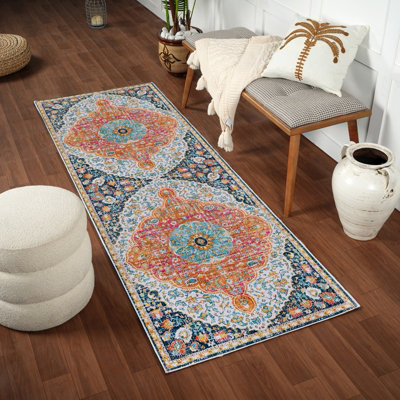 Livabliss Floransa-Vintage Orange Blue Pink Cream Traditional Boho Living Dining Bedroom Rug 80 X 220 Cm Easy CareNon Shedding from B&Q