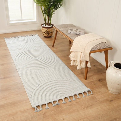 Livabliss Nora-Geometric Grey Ivory High Pile Fringe Living Dining Bedroom Rug 80 X 220 Cm Easy CareNon Shedding from B&Q