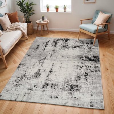 Livabliss Pisa-Abstract Black Grey Off-White Modern Marble Living Dining Bedroom Rug 140 X 200 Cm Easy CareNon Shedding from B&Q