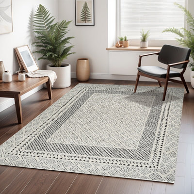 Livabliss Freud-Modern Ivory Black High Pile Living Dining Bedroom Rug 120 X 170 Cm Easy CareNon Shedding from B&Q