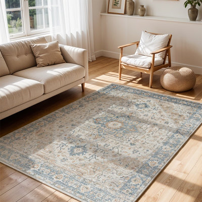 Livabliss Lillian-Washable Blue Brown Traditional Vintage Boho Living Dining Rug 120 X 170 Cm Easy CareNon Shedding from B&Q
