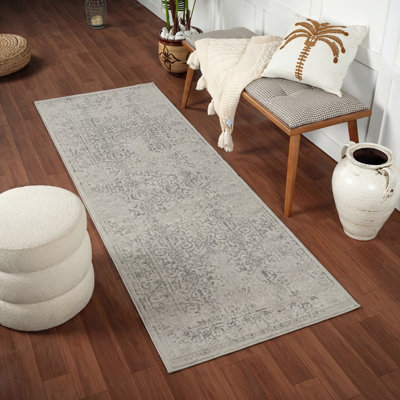 Livabliss Floransa-Vintage Charcoal Ivory Grey Traditional Boho Living Dining Bedroom Rug 80 X 220 Cm Easy CareNon Shedding from B&Q