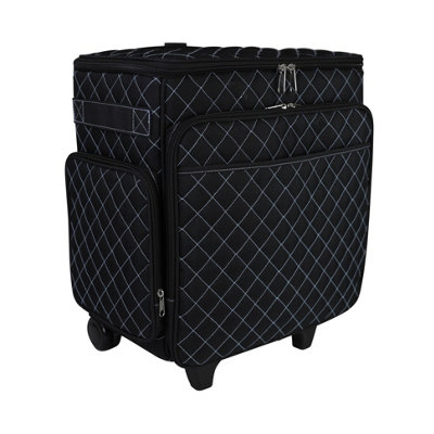 B&Q -  Black Quilted Blue Stitch Rolling Tote Bag 2 Wheel Trolley Bag For Sewing/crafts