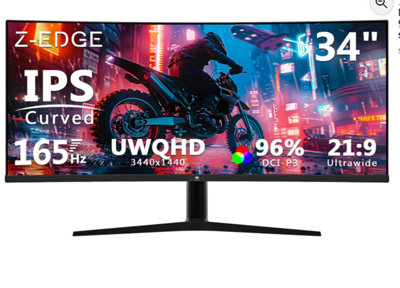 Z-Edge 34 Inch Ultrawide Curved Ips Gaming Monitor 165Hz 3440X1440 21:9, Uwqhd Curved Screen, 96% Dci-P3, 8-Bit