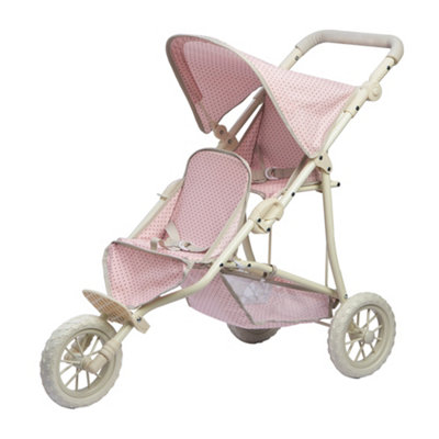 B&Q -  Polka Dot Twin Jogging Stroller Pram For Baby Dolls & Stuffed AnimalsPink/grey