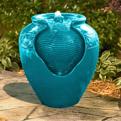 Teamson Home Garden Outdoor Water FeatureFloor Water FountainGlazed Pot DesignWith Led LightsTeal from B&Q
