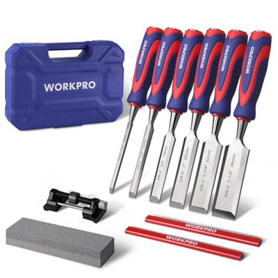 Workpro Wood Chisel Set10 Pieces With 6 To 38 mm ChiselsSharpening StoneHoning Guide And Storage CaseCr-V Bevel Edge from B&Q