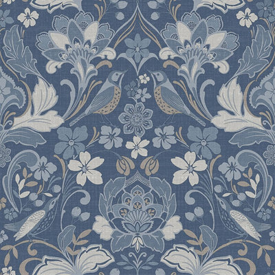 Arthouse Traditional Folk Floral Trail Denim Blue Birds Flowers Leaves Wallpaper - Image 3